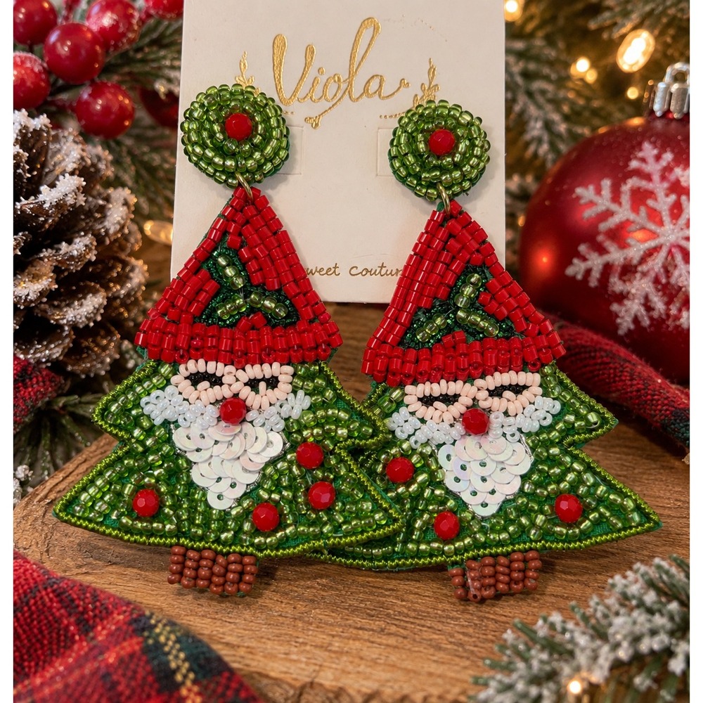 Christmas Gnome Seed Bead Earrings Tree Holiday Statement Red Green Beaded